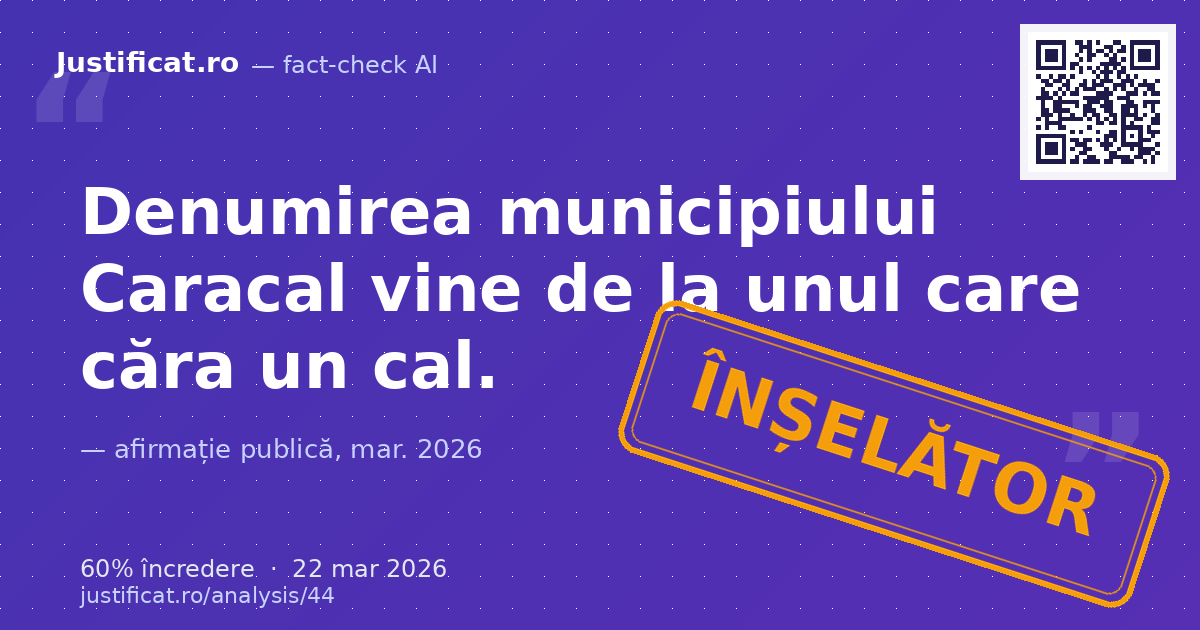 O imagine care prezintă un bărbat cărând un cal, însoțită de textul "DENUMIREA MUNICIPIULUI CARACAL VINE… — verdict ÎNȘELĂTOR