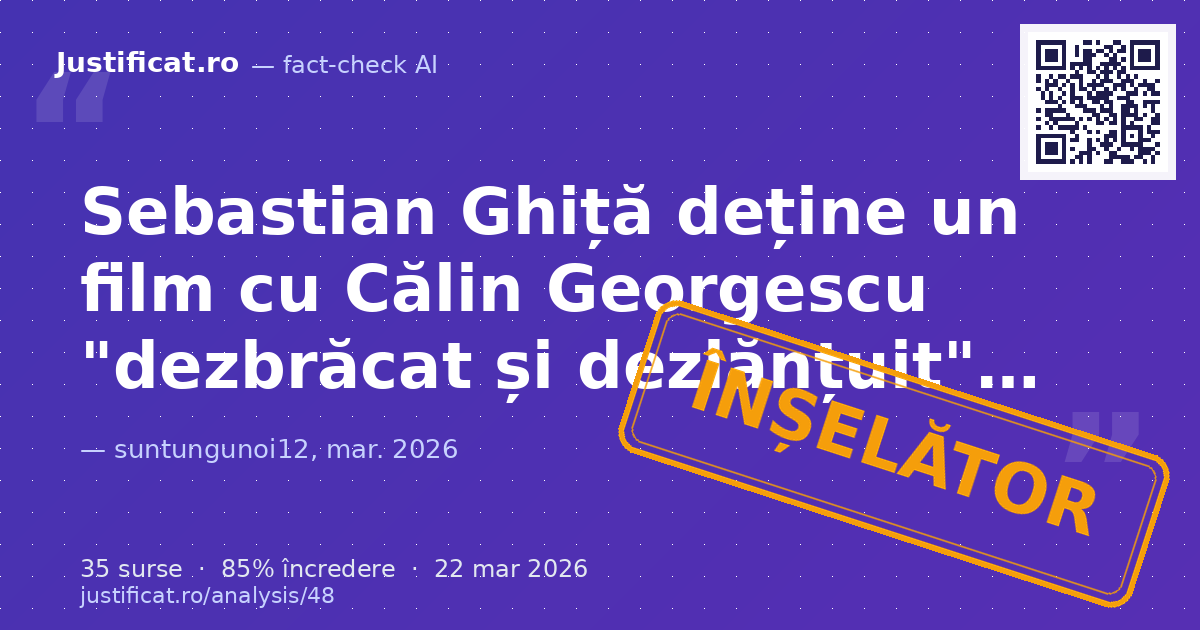 Segmentul video prezintă afirmațiile lui Sebastian Ghiță despre un presupus film cu Călin Georgescu "dez… — verdict ÎNȘELĂTOR