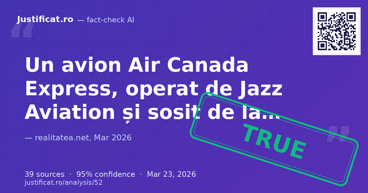 Un articol de știri care raportează despre un incident în care un avion Air Canada Express a lovit un vehic… — rated ADEVĂRAT