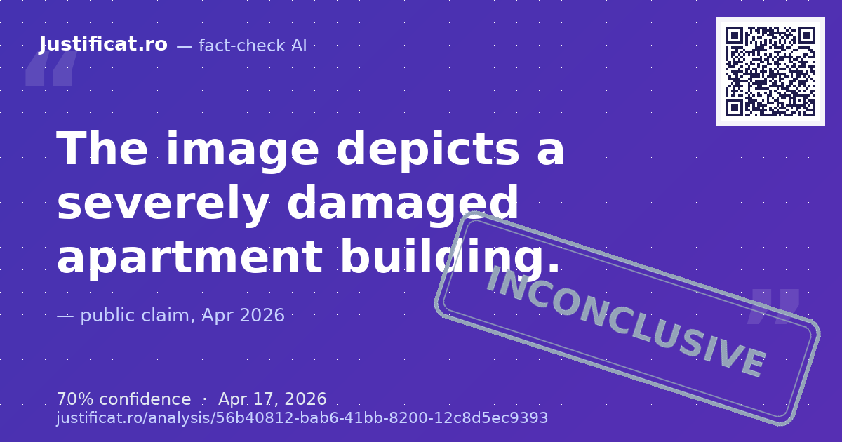 An image displaying a severely damaged apartment building, with text overlays "Feb 26" and "Apr 26", im… — rated NECONCLUDENT