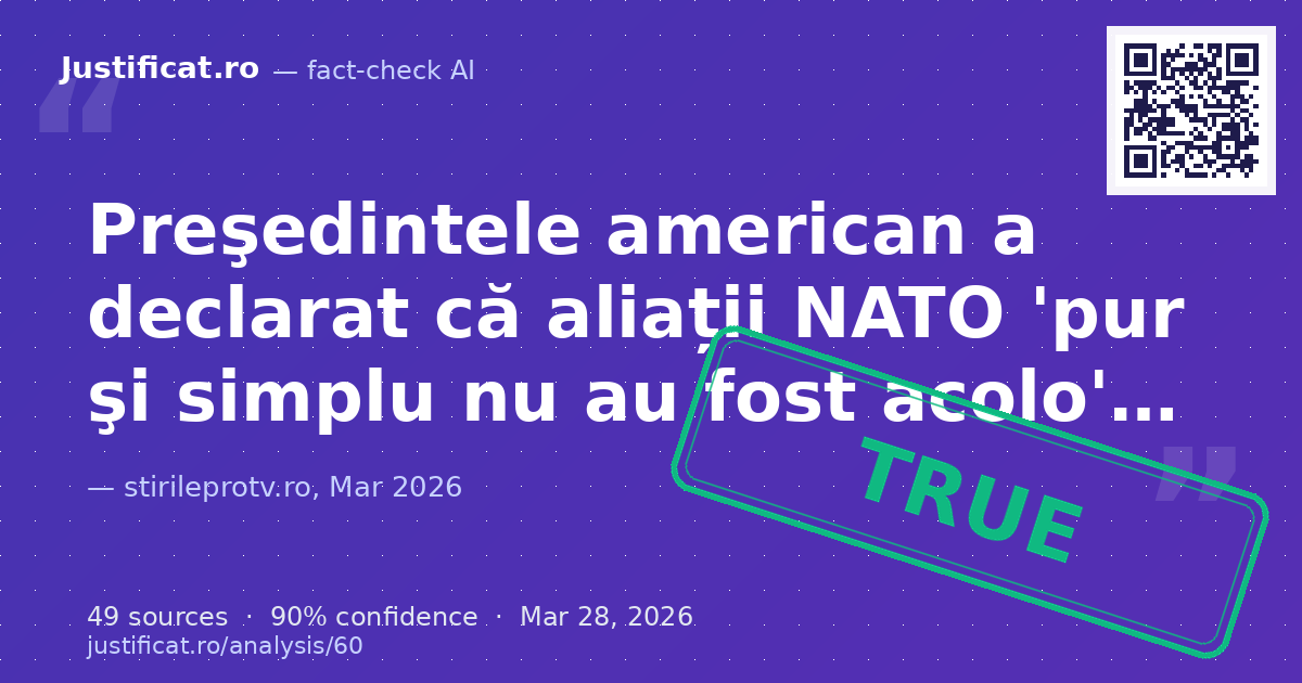 Articolul analizează declarațiile președintelui american Donald Trump privind lipsa de sprijin a aliaților… — rated ADEVĂRAT