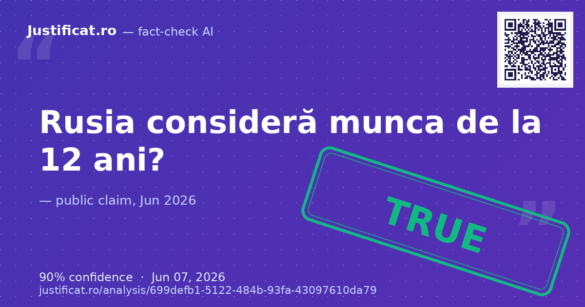 Afirmația din imagine conform căreia Rusia ia în considerare coborârea vârstei de muncă la 12 ani pentru a… — rated ADEVĂRAT