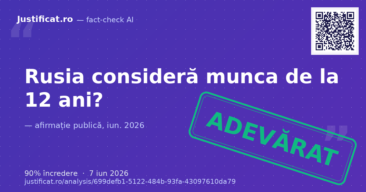 Afirmația din imagine conform căreia Rusia ia în considerare coborârea vârstei de muncă la 12 ani pentru… — verdict ADEVĂRAT
