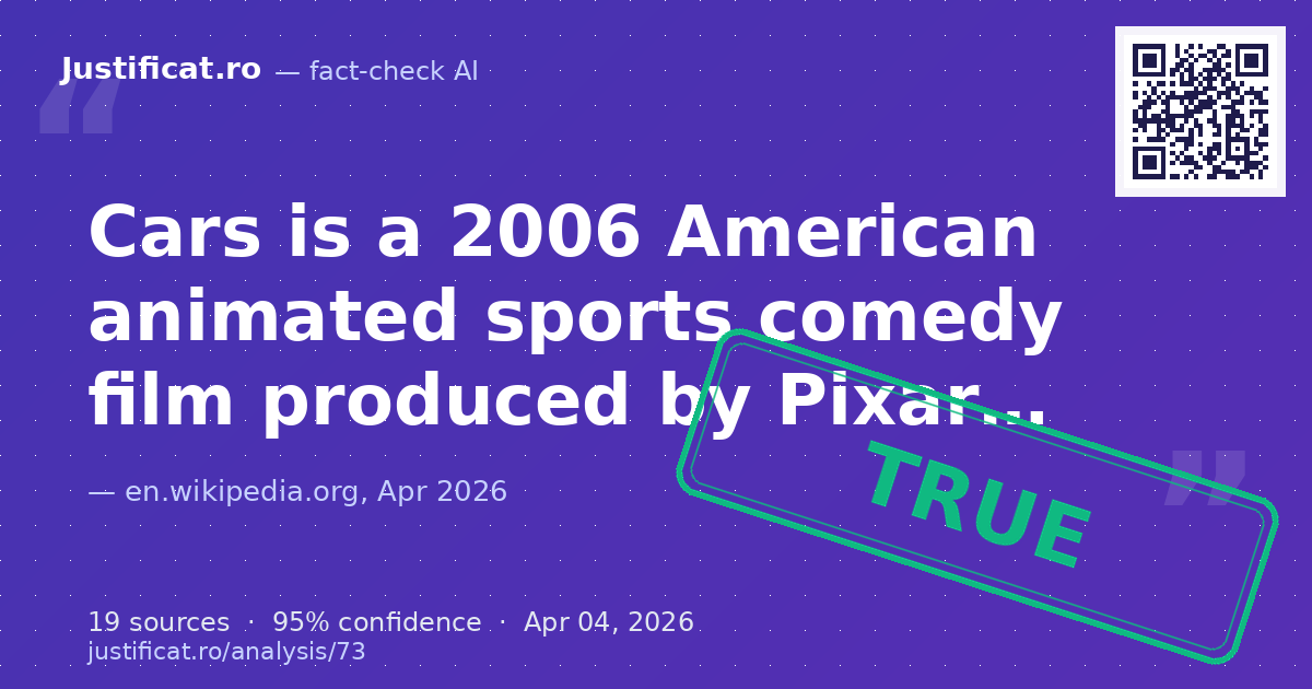 The provided text is a detailed description of the 2006 Pixar animated film "Cars", including its plot, pro… — rated ADEVĂRAT