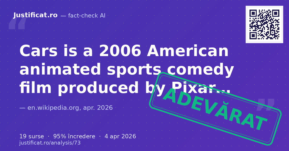 The provided text is a detailed description of the 2006 Pixar animated film "Cars", including its plot, p… — verdict ADEVĂRAT