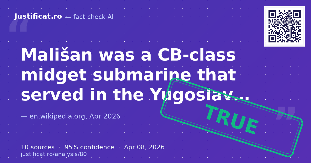 The text provides factual information about the Yugoslav submarine Mališan, its history, service, and curre… — rated ADEVĂRAT