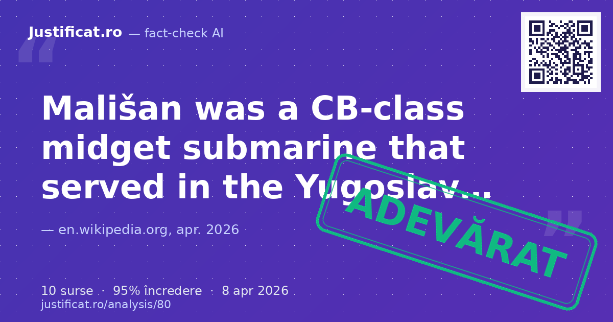 The text provides factual information about the Yugoslav submarine Mališan, its history, service, and cur… — verdict ADEVĂRAT