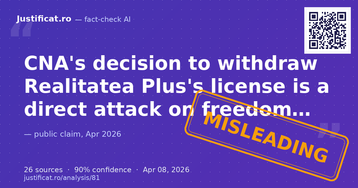 The text claims that CNA's decision to withdraw Realitatea Plus's license is a direct attack on freedom of… — rated ÎNȘELĂTOR