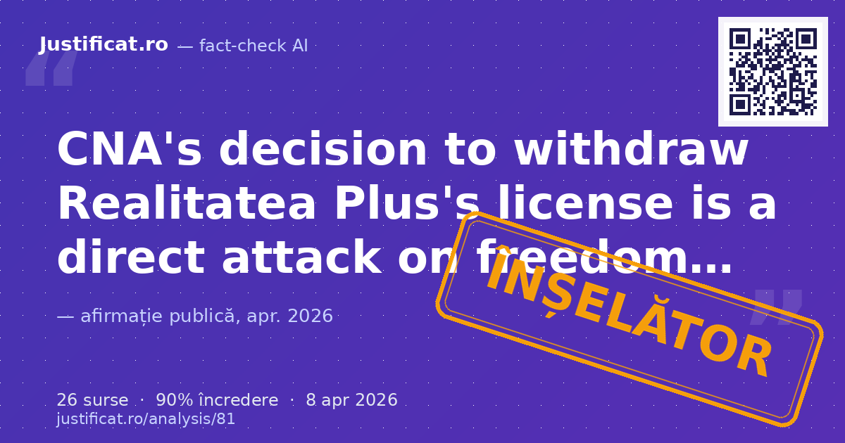 The text claims that CNA's decision to withdraw Realitatea Plus's license is a direct attack on freedom… — verdict ÎNȘELĂTOR
