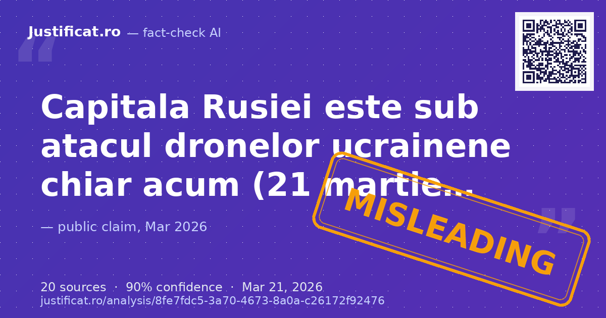 Textul descrie un atac masiv cu drone ucrainene asupra Moscovei, prezentându-l ca fiind în desfășurare "ch… — rated ÎNȘELĂTOR