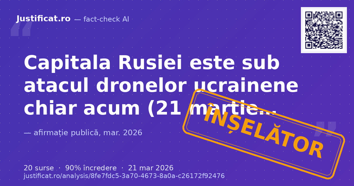Textul descrie un atac masiv cu drone ucrainene asupra Moscovei, prezentându-l ca fiind în desfășurare "… — verdict ÎNȘELĂTOR