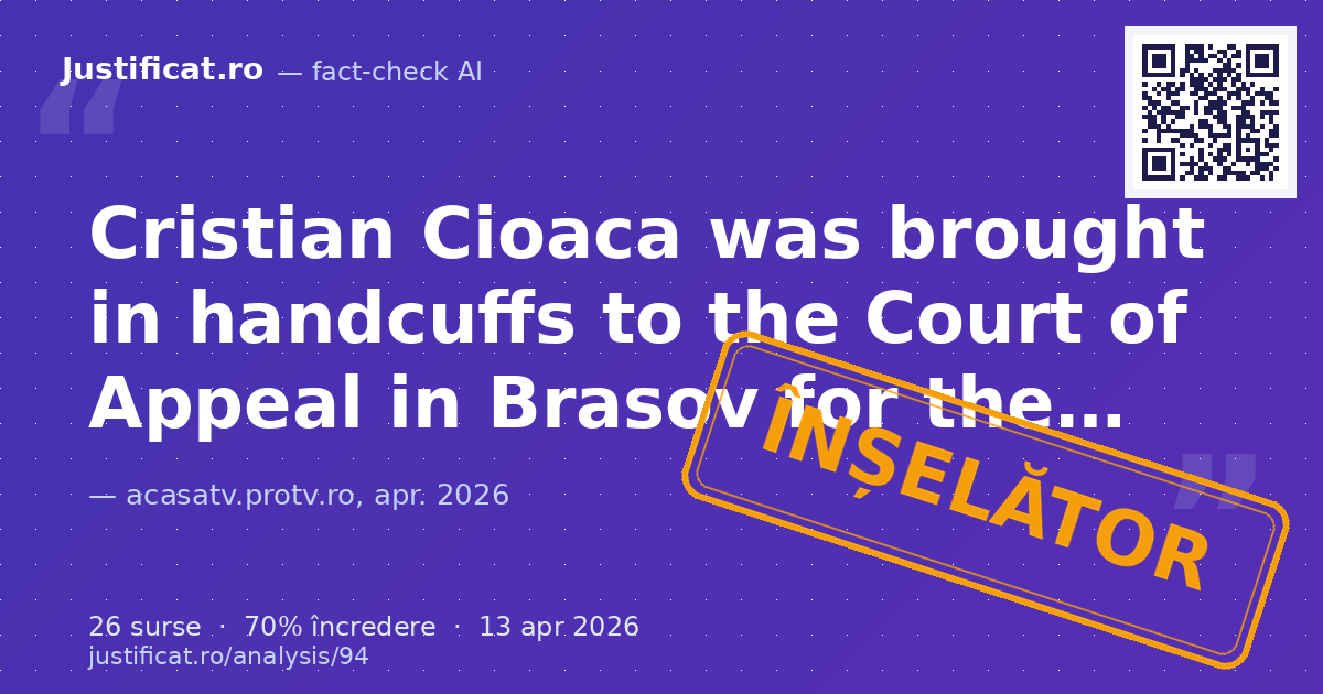 The text describes Cristian Cioaca being brought in handcuffs to the Court of Appeal in Brasov for a hea… — verdict ÎNȘELĂTOR