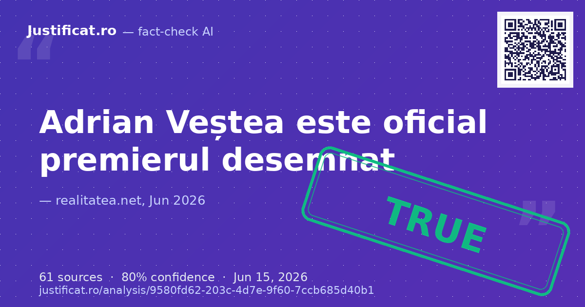 Articolul prezintă desemnarea lui Adrian Veștea ca premier de către președintele Nicușor Dan, reacț… — rated APROAPE ADEVĂRAT