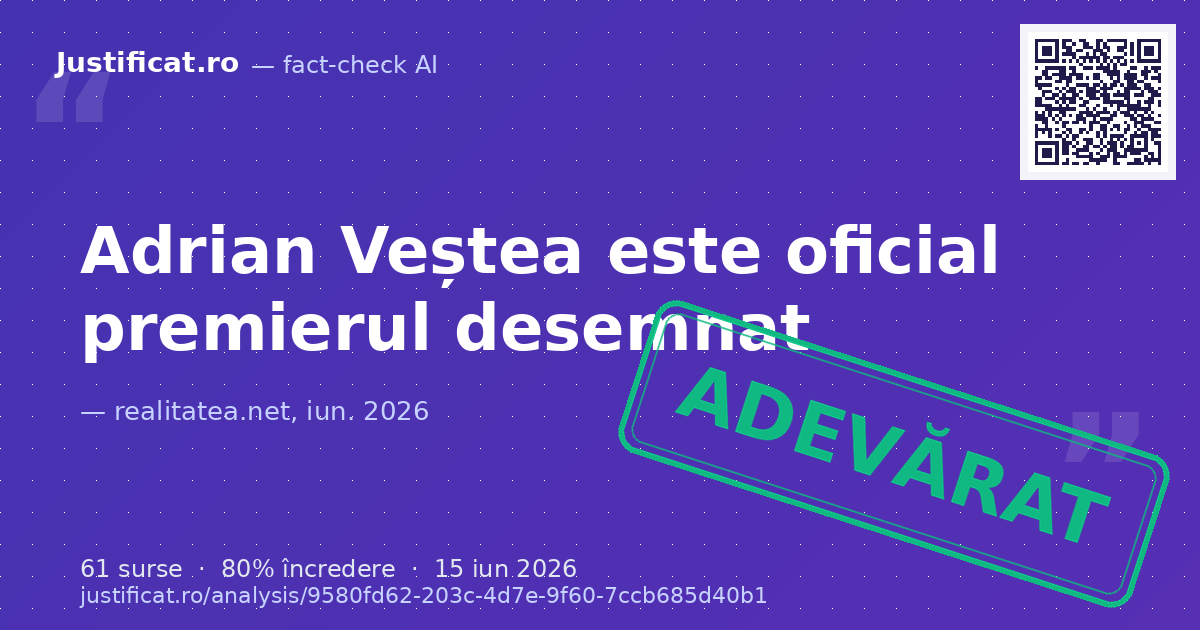 Articolul prezintă desemnarea lui Adrian Veștea ca premier de către președintele Nicușor Dan, rea… — verdict APROAPE ADEVĂRAT
