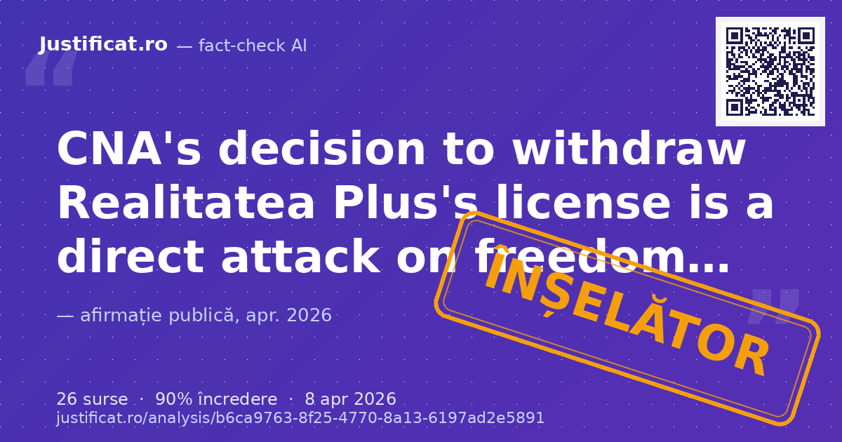 The text claims that CNA's decision to withdraw Realitatea Plus's license is a direct attack on freedom… — verdict ÎNȘELĂTOR