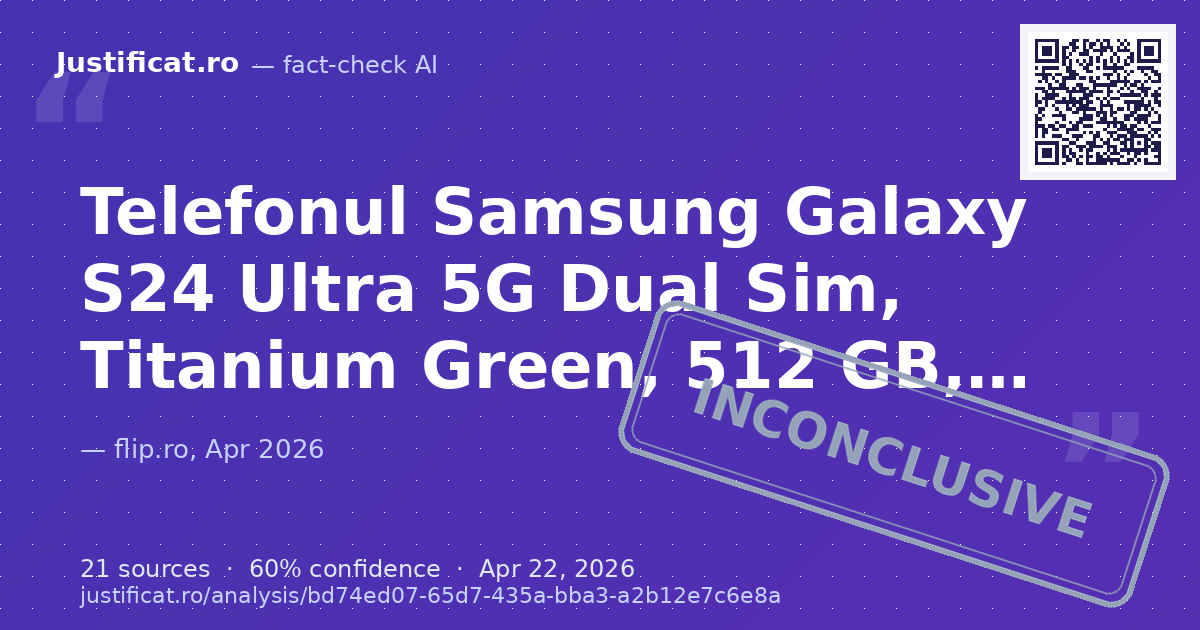 O ofertă de vânzare pentru un telefon Samsung Galaxy S24 Ultra, descris ca fiind "Ca nou", cu preț, spe… — rated NECONCLUDENT