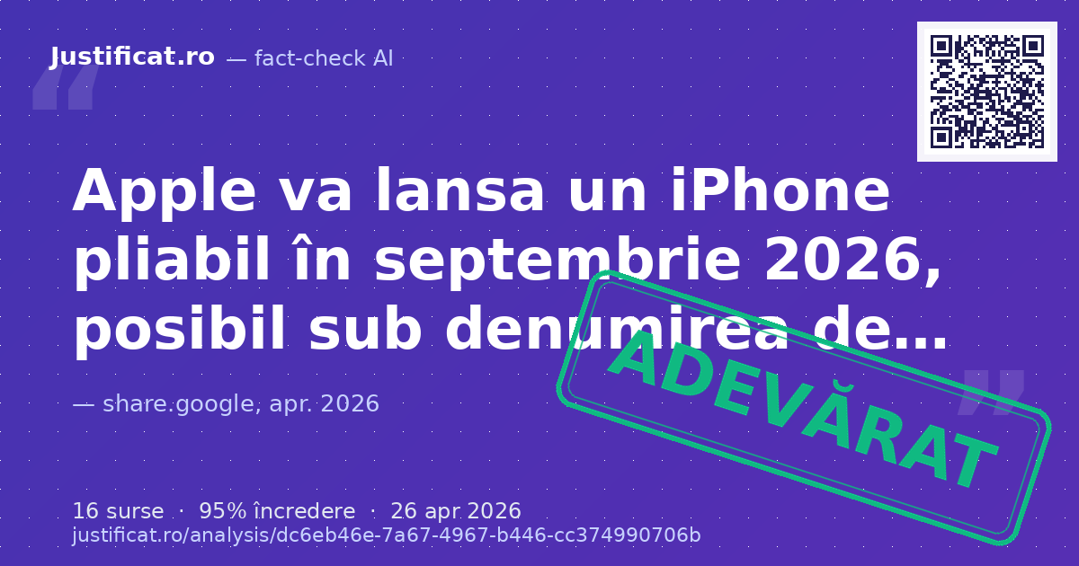 Articolul prezintă informații despre un viitor iPhone pliabil, inclusiv posibile nume, data lansării, spe… — verdict ADEVĂRAT