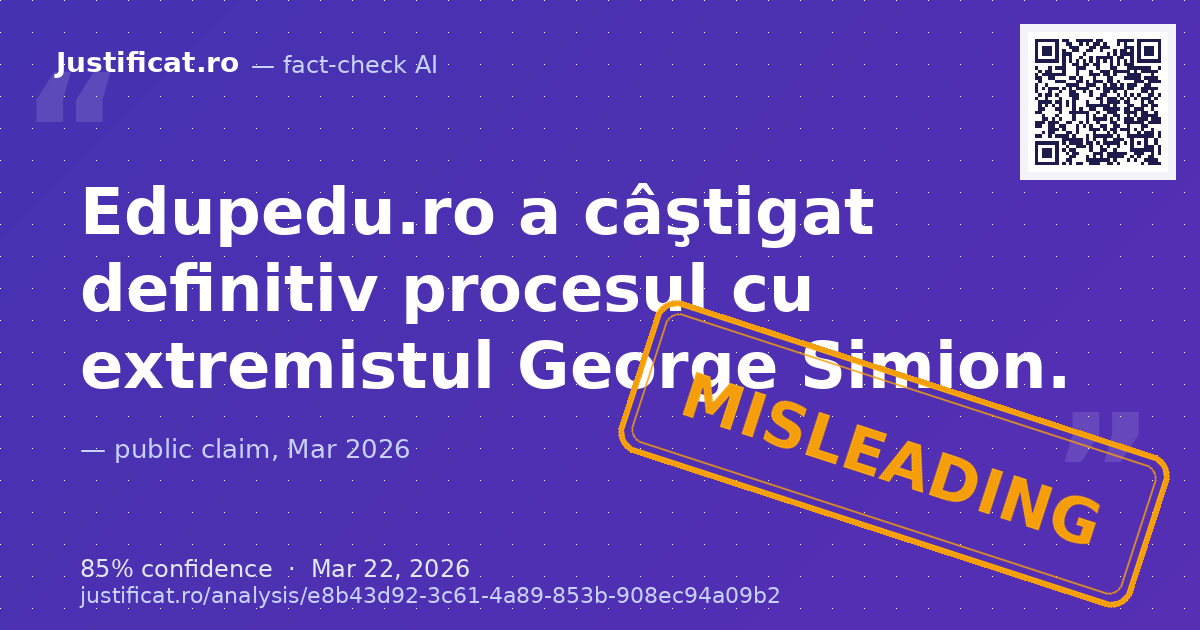 O imagine de tip screenshot conținând textul: "Edupedu.ro a câştigat definitiv procesul cu extremistul Geo… — rated ÎNȘELĂTOR
