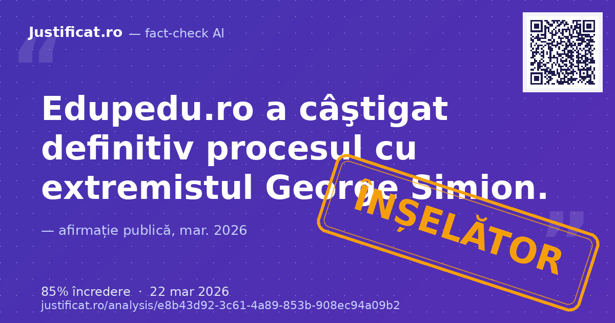 O imagine de tip screenshot conținând textul: "Edupedu.ro a câştigat definitiv procesul cu extremistul G… — verdict ÎNȘELĂTOR